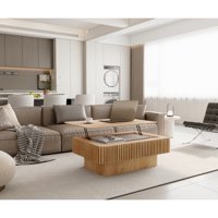 M&Ms - 38.6'' Fluted Lift-Top Coffee Table Solid Wood Veneered Modern Coffee Table Accent Tea Table With Storage And Adjustable Height For Living Room, Bedroom, Apartment Or Office, Natural Wood