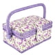 thumbnail image 1 of Cesta de costura hecha a mano, organizador de hilo y aguja, caja de almacenamiento de costura de doble capa con asa, estampado de flores moradas, 1 of 5