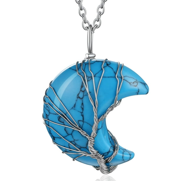 HESHPAWS Árbol de la vida collar de collar de alambre envuelto de luna creciente colgante de piedra de la luna creciente colgante,7 Chakra collar de joyería de cristal de curación para mujeres