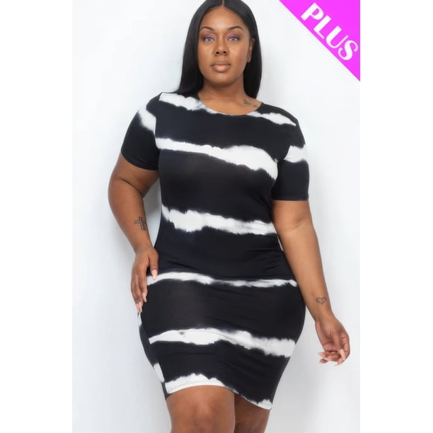 Saronite Vestido Corto Ajustado de Punto Jersey Muy Elástico, de Manga Corta y Estampado Teñido Anudado, Negro (Talla Grande para Mujer)