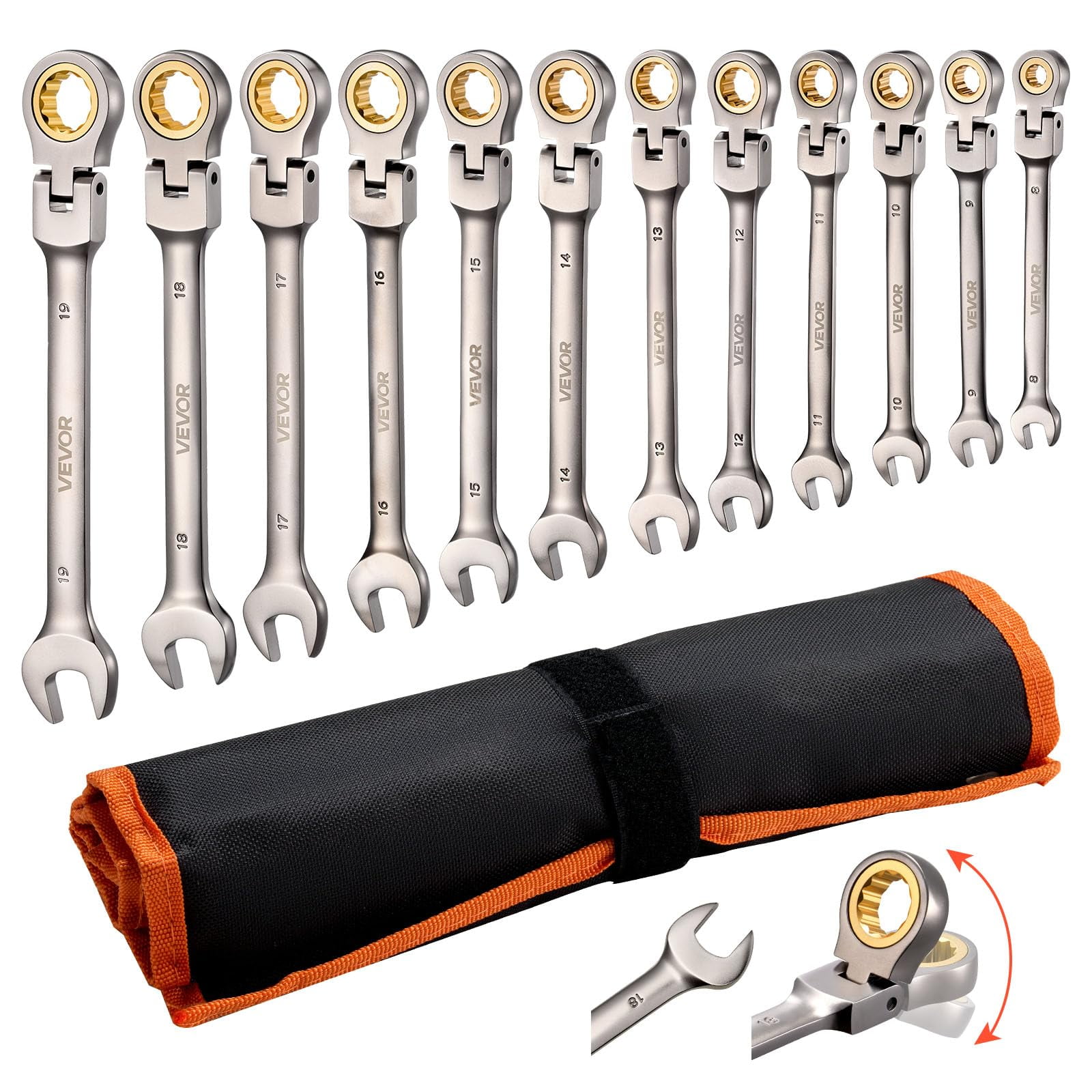 Juego De Llaves De Trinquete Con Cabeza Flexible Vevor, 12 Piezas Métricas, 8-19 Mm