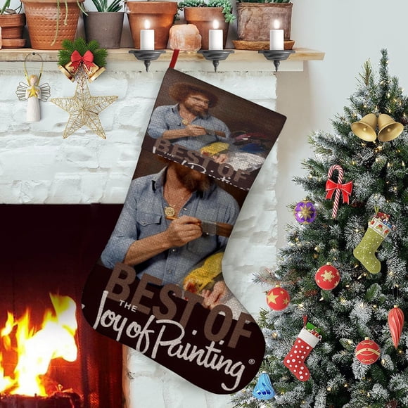 Bob Ross: El Placer de Pintar Tema: Calcetines de Navidad, fino lino blanco para colgar en escaleras y chimenea, decoración navideña para el hogar, regalo de Navidad. 54cm × 38cm