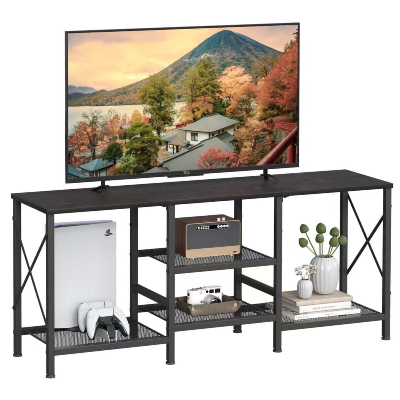 Soporte De Tv Jarhetun Para Tv De 55 Pulgadas Con Estantes Abiertos De 3 Niveles, Negro