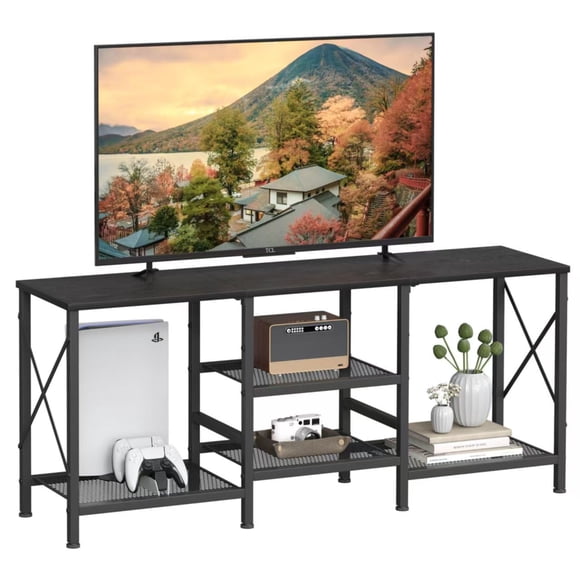 Soporte de TV JARHETUN para TV de 55 pulgadas con estantes abiertos de 3 niveles, negro
