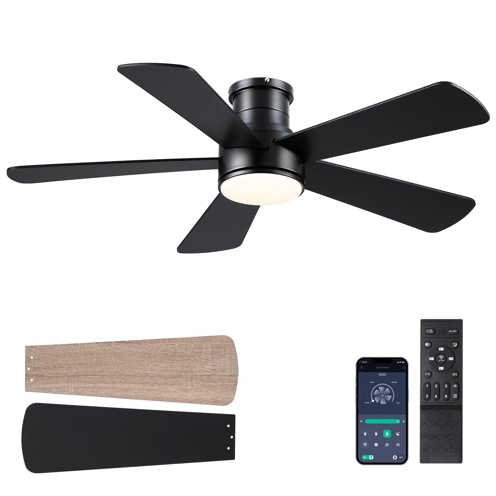 Ventilador De Techo Hounberi 46" Negro Con Luz Empotrada Y Control Remoto