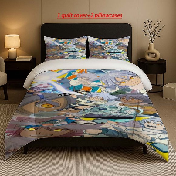 Inazuma Eleven Protagonist Tsubasa Oozora And Teammates Soccer Showdown Scene Pattern Three-Piece Set Soft And Comfortable bedding Available in All Seasons