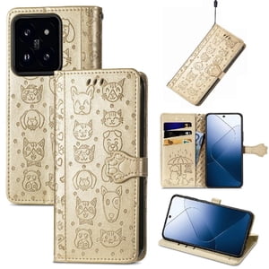 Funda Cartera Foxdock Para Xiaomi 14T Pro , Flip Pu Con Relieve De Gatos Y Perros, Tarjetero Y Soporte