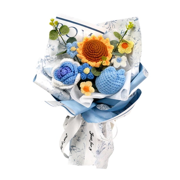 Ramo de flores de ganchillo terminado, decoración decorativa para el hogar, adorno mixto hecho a mano, tejido a mano para fiesta, graduación, año Nuev Azul