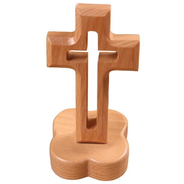 Figuritas Coleccionables De Adorno De Cruz De Madera Para La Decoración Del Hogar De La Iglesia Base En Forma De Flor