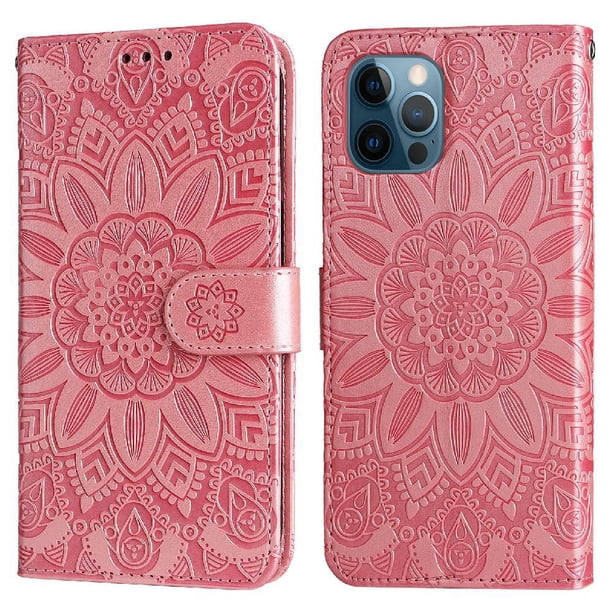 Funda tipo cartera FOXDOCK para iPhone 12 , diseño girasol en relieve, cuero PU, cierre magnético, soporte y tarjetero