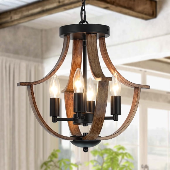 Lámpara colgante LAMPKEDUO de 4 luces estilo rústico en madera, 41 cm