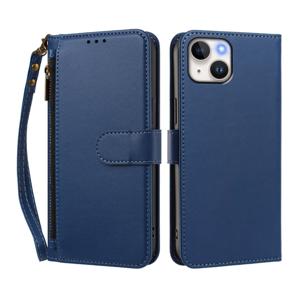 Funda Tipo Billetera para iphone14 con Soporte y Bolsillo con Cierre Azul profundo
