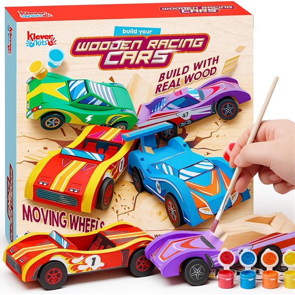 Klever Kits: kit de 4 autos de carrera de madera para construir y pintar
