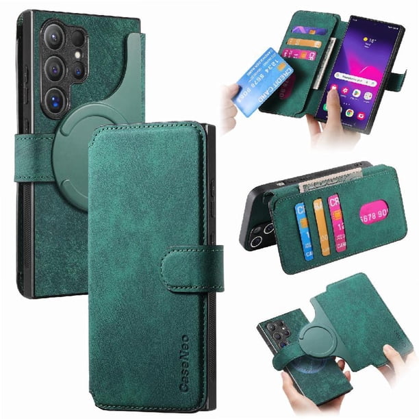 Funda Billetera Magnética para Samsung Galaxy S24 Ultra Soporte Tarjetas Desmontable Verde