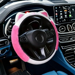 Veat00L - Funda Para Volante De Coche, Mullida Y Suave Felpa Para Invierno Cálido, Bonito Protector De Volante Con Orejas De Gato Gatito, Universal De 15 Pulgadas, Elástico Y Antideslizante