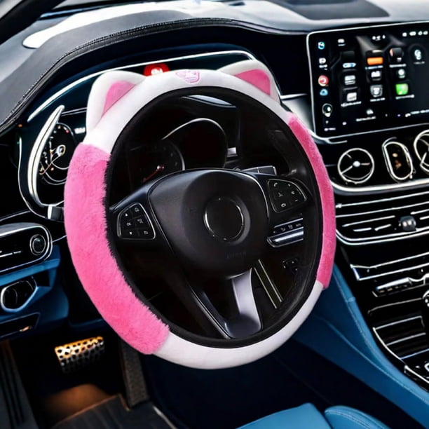 Funda Para Volante De Coche Mullida Y Suave Felpa Para Invierno Cálido Bonito Protector De Volante Con Orejas De Gato Gatito Universal De 15 Pulgadas Elástico Y Antideslizante