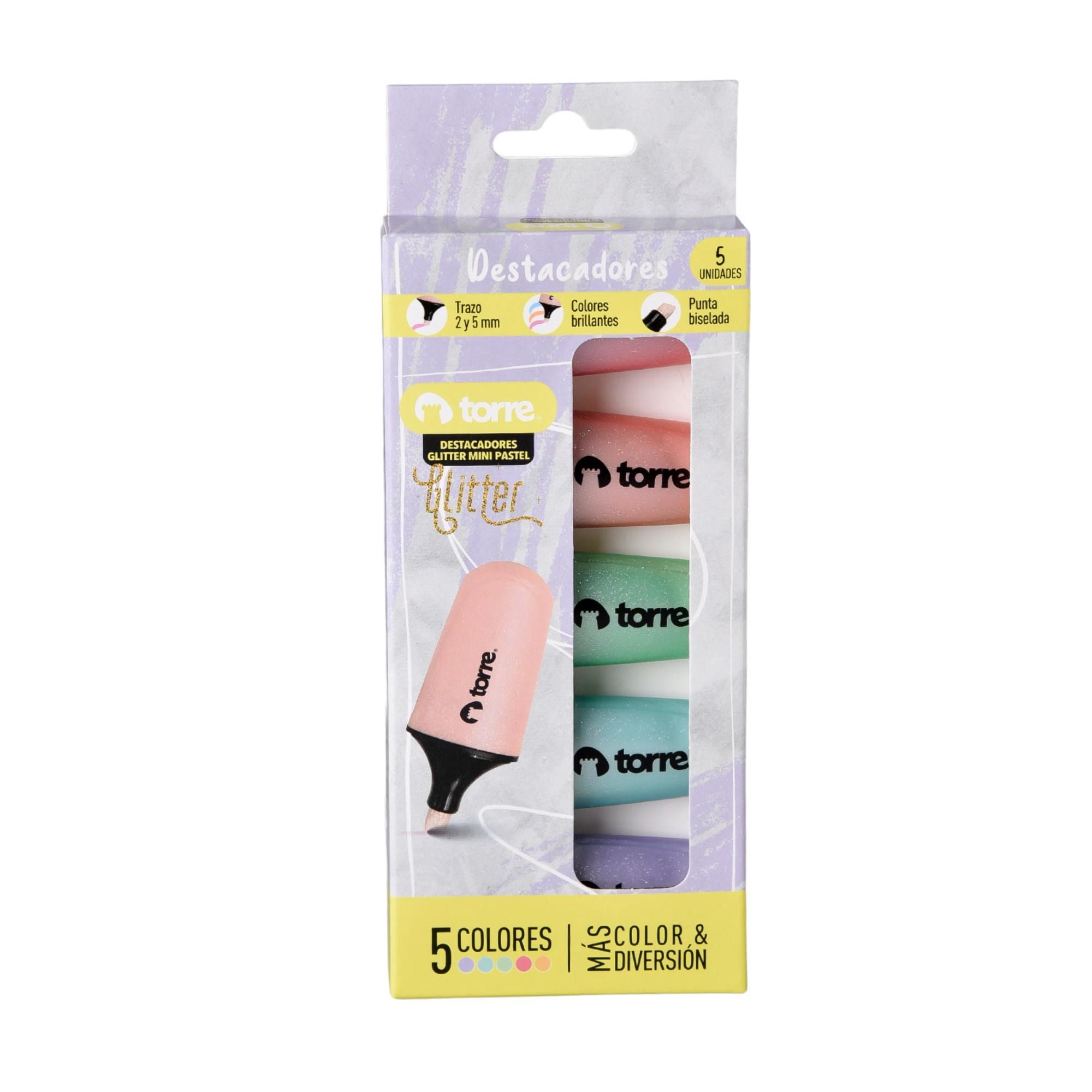 Destacadores Glitter Mini 5 Colores Pastel Torre