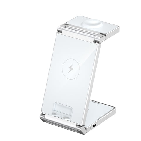 Genérico - Cargador Inalámbrico 3 En 1 Plegable De Sobremesa Diseño Metálico Compatible Con Iphone Airpods Apple Watch Carga Rápida Inteligente Adaptación A La Corriente-Blanco