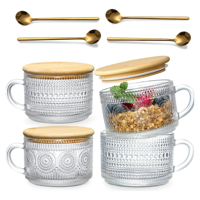 Simpel - 4 Tazas De Café Vintage Tapa Bambú Y Cucharas 415Ml Transparente Vintage