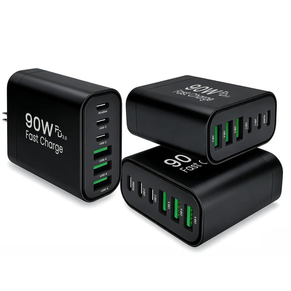 Cargador USB RUMIXI 90W 6 puertos USB‑C PD GaN negro