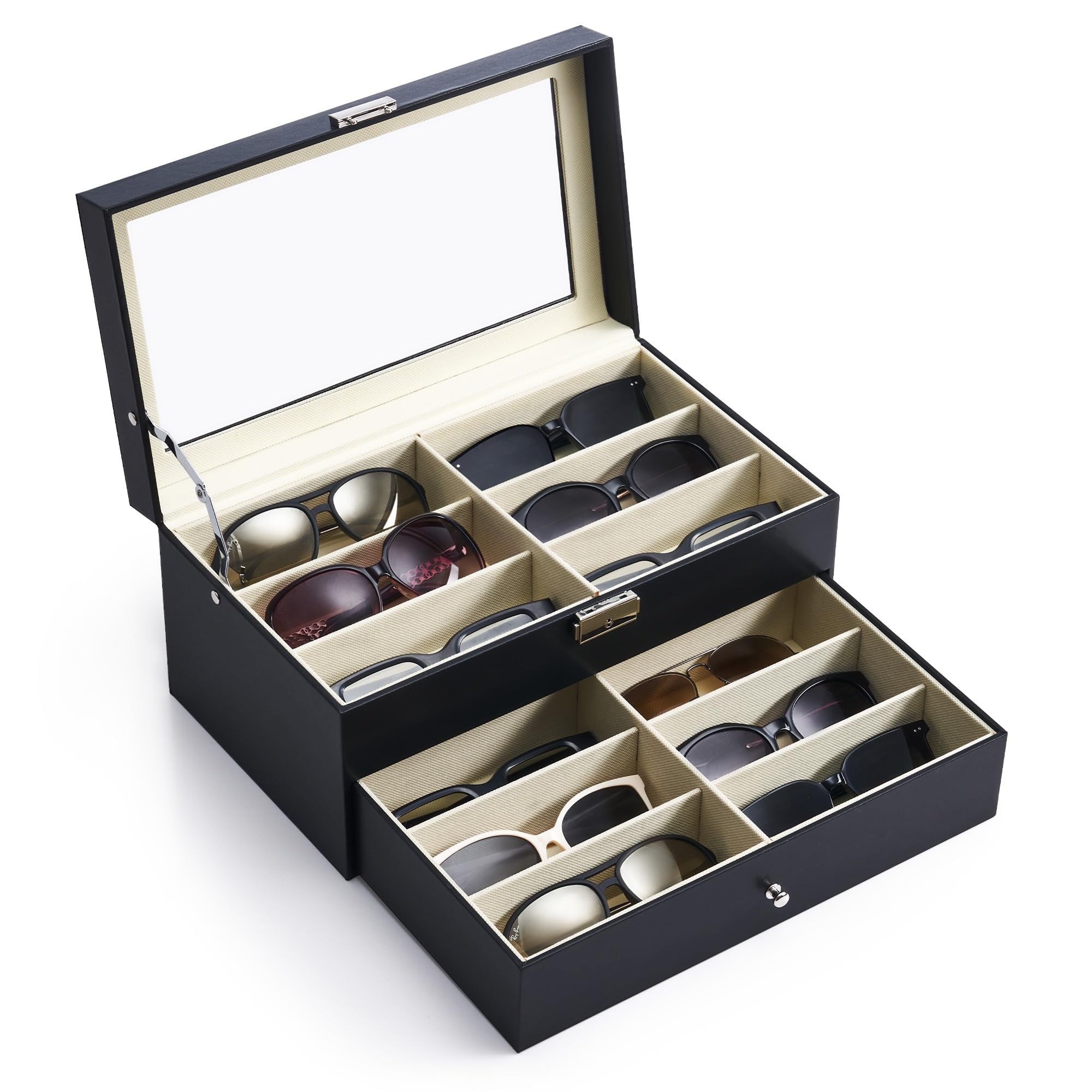 Organizador De Gafas De Sol Co-z De Piel Con 12 Ranuras Y Cajón