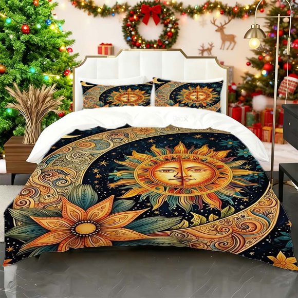 Sun Moon Rhyme Printed Duvet Cover Set Bedding Includes Duvet Cover + Two Pillowcases Soft and Breathable Suitable for Home/Guest Rooms All Seasons Ideal Gift C