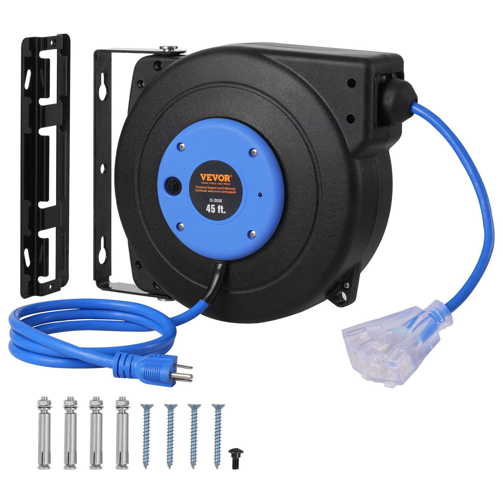 Vevor - Carrete De Cable De Extensión Retráctil De 13,7 M (45 Pies), Resistente, 12 Awg/3c Sjtow