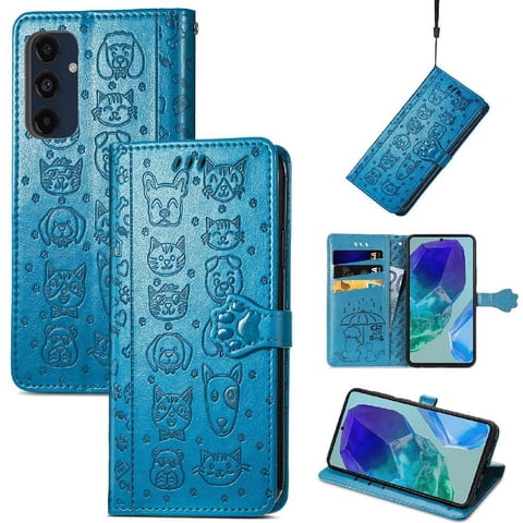 Funda Cartera Foxdock Para Samsung Galaxy M55 5G , Flip Pu Con Relieve De Gatos Y Perros, Tarjetero Y Soporte