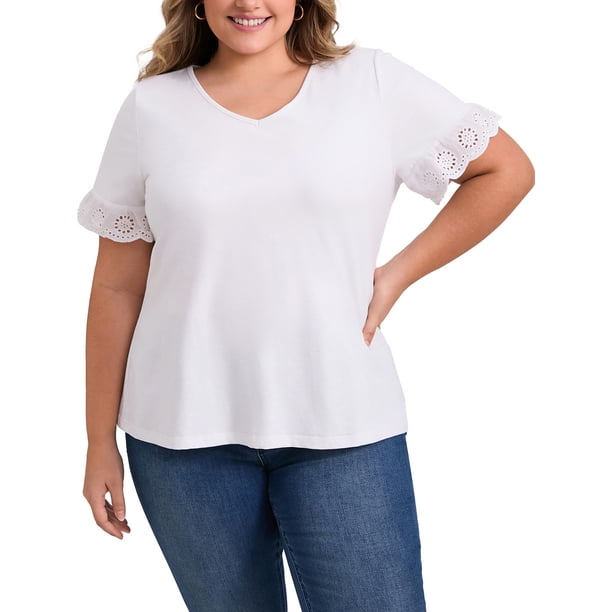 GRACE & GRANDEUR Blusas Casual Elegantes de Manga Corta con Cuello en V y Encaje Bordado para Mujer de Talla Grande 1X Blanco