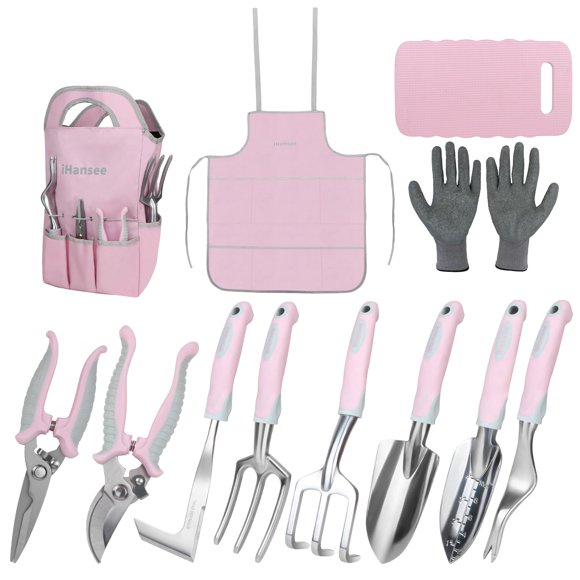 Set de Herramientas de Jardín iHansee de 12 Piezas en Rosa y Gris