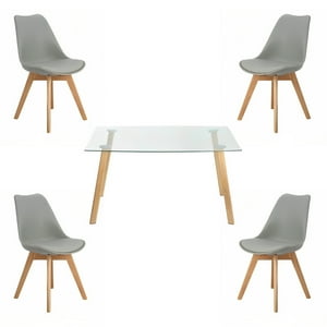 Klik Muebles - Comedor Mesa De Vidrio Nórdica 140X90 Cm + 4 Sillas Tulip Grises