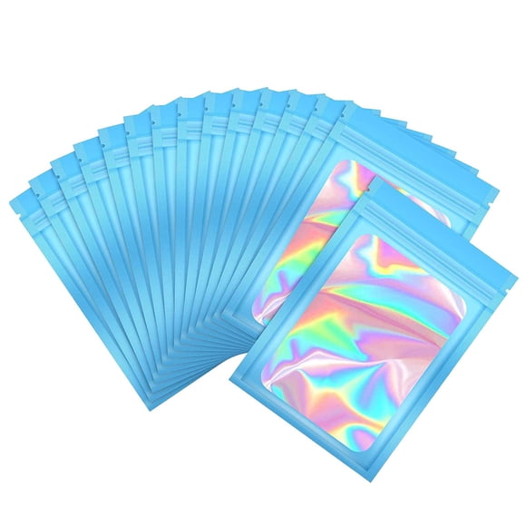 100x Bolsas de embalaje holográficas Ventana transparente impermeable 6x10 cm Olor Bolsas a prueba de Mylar para frutas secas Cosméticos Nueces Organi , Azul