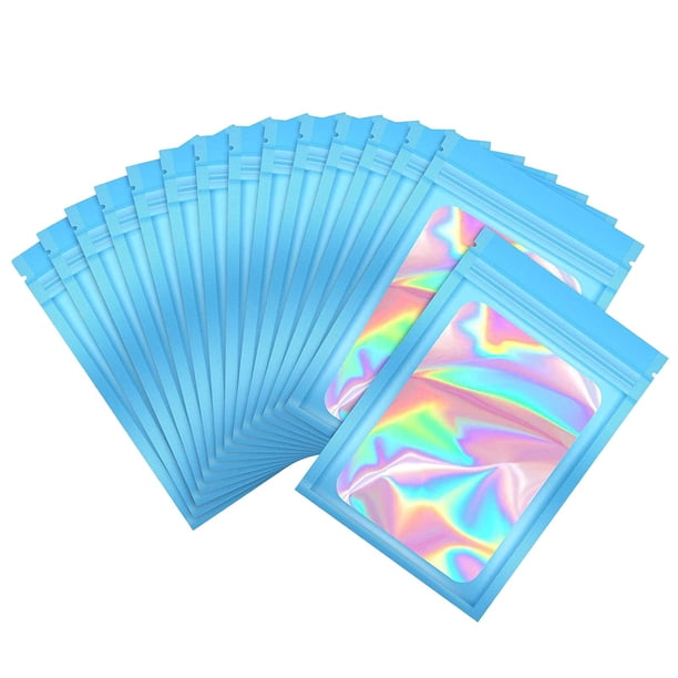 100x Bolsas de embalaje holográficas Ventana transparente impermeable 6x10 cm Olor Bolsas a prueba de Mylar para frutas secas Cosméticos Nueces Organi , Azul