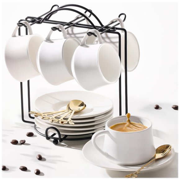 Tazas de espresso Lareina 3 oz, juego de 6 con platillos y soporte