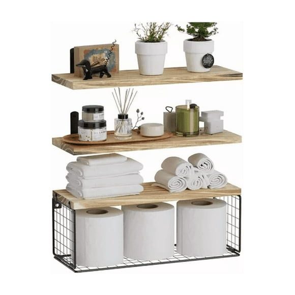 Repisas Flotantes de Madera Modernas X3 con Reja 100% Pino Café Claro
