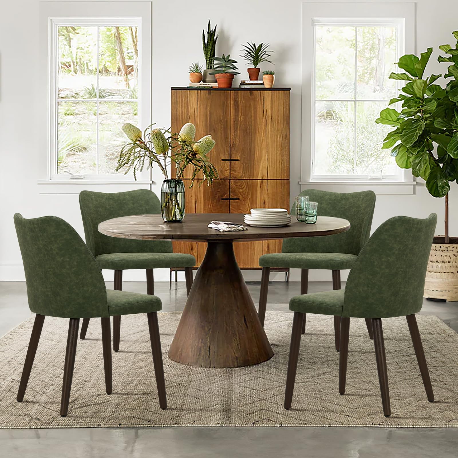 Juego De 4 Sillas De Comedor Colamy, Verde, Cuero Pu, Patas De Madera