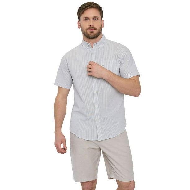 Camisa Hombre Líneas Manga Corta Gris Corona