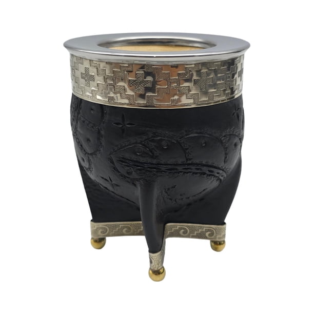 Mate Imperial Negro de Calabaza Cuero Labrado con Alpaca negro Rombo