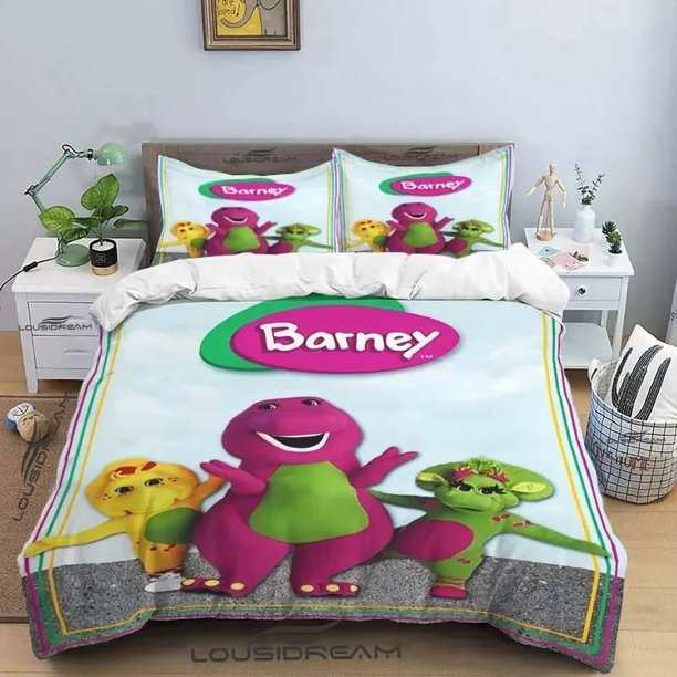 v1658 Bed Sheets Barney Friends Cute Cartoon Bedding Set Dinosaur Pattern Duvet Cover Pillow Case boys Bedroom Double King Size Comforter Gift 3-Piece Bedding Set (1 Duvet Cover + 2 Pillow Shams) Bed