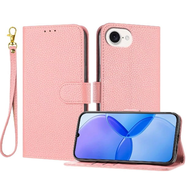 Funda Cartera para iPhone 16E Tarjetero Soporte Magnético y Correa Rosa