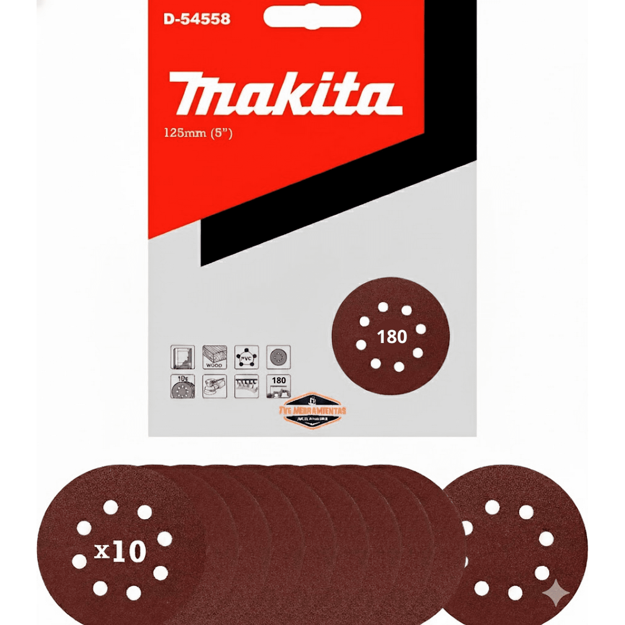 10 Discos Lija Con Velcro 125mm (5) Grano 180 Makita D-54558