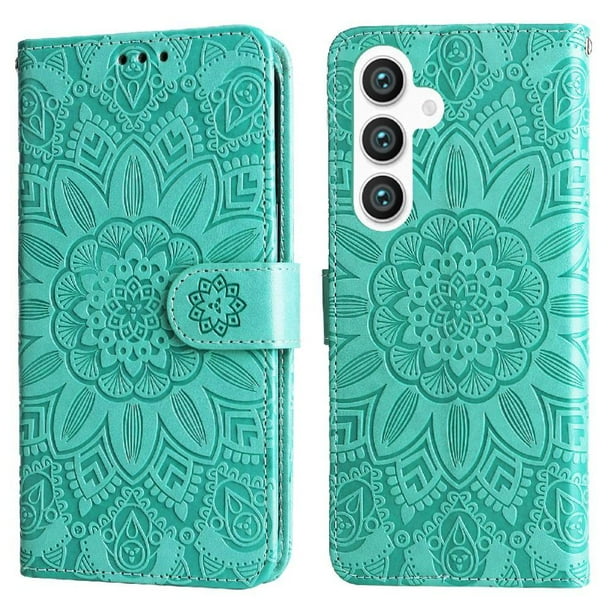 Funda tipo cartera FOXDOCK para Samsung Galaxy S24 , diseño girasol en relieve, cuero PU, cierre magnético, soporte y tarjetero