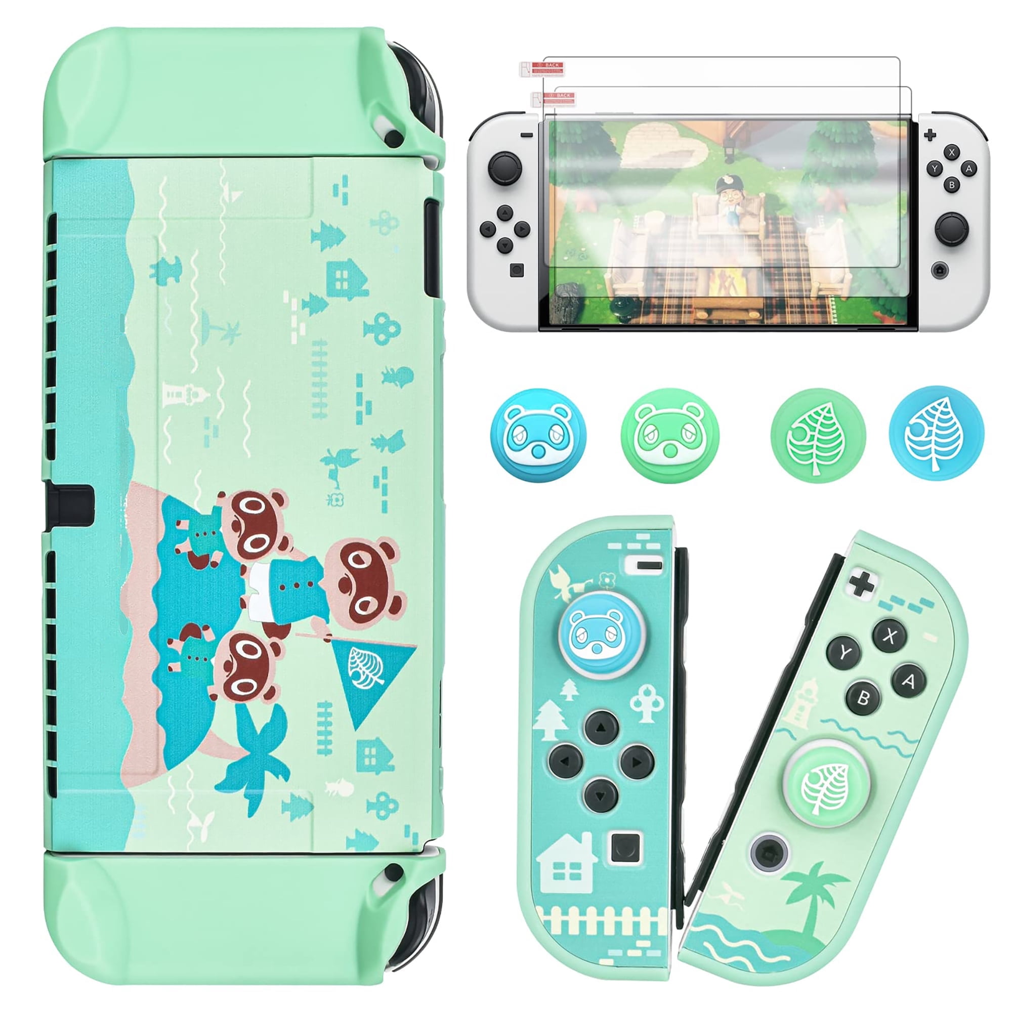 Genérico - Funda Protectora Para Switch Oled, Accesorio De Piel Para Controladores Joycons Con 4 Tapas De Pulgar Y 2 Protectores De Pantalla