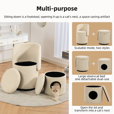 M&Ms - Stylish Upholstered Barrel Chair 360° Swivel Vanity Stool For Bedroom & Dining Chair, Built-In Storage, Soft Padded Accent Seat, Multi-Functional For Dressing/Dining, Free Cat Bed Stool Included