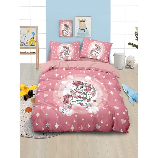 x167 Bed Sheetscartoon unicorn themed printed bedding, suitable as a bedroom birthday gift for little girls For Bedroom Decor 3-Piece Bedding Set (1 Duvet Cover + 2 Pillow Shams) nj167