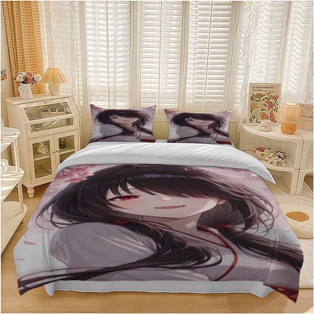3pcs Kurumi Tokisaki Gentle Smile Illustration Pattern Set Soft and Comfortable Bedding Set Suitable for All Seasons