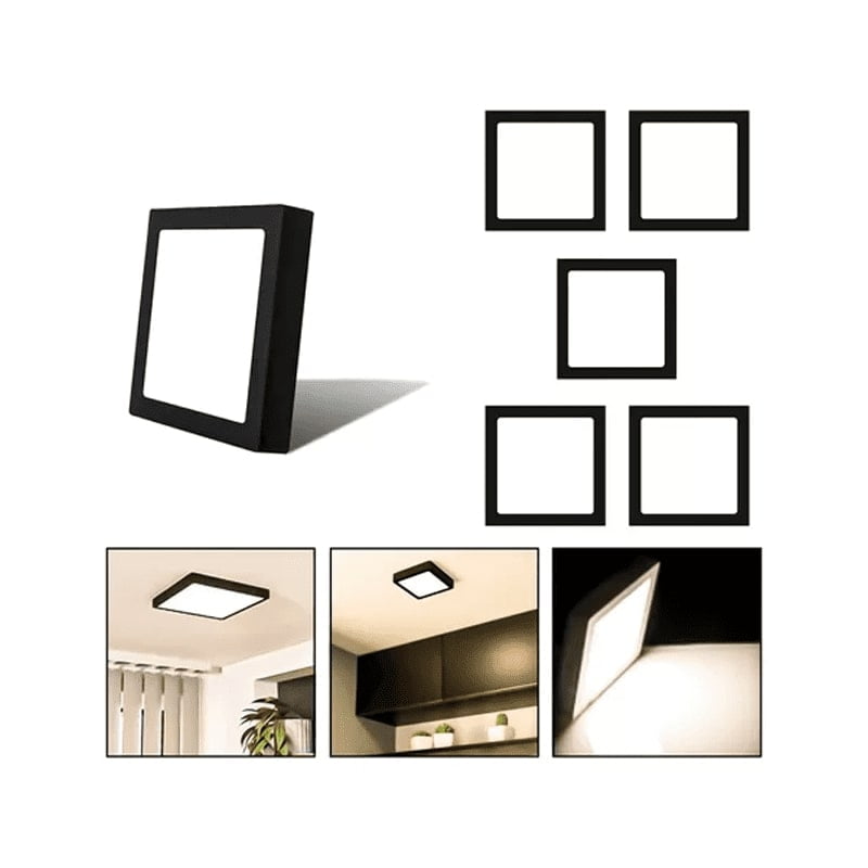 Genérico - 5 Foco Plafon Sobrepuesto Cuadrado 18w Luz Calida B. Negro