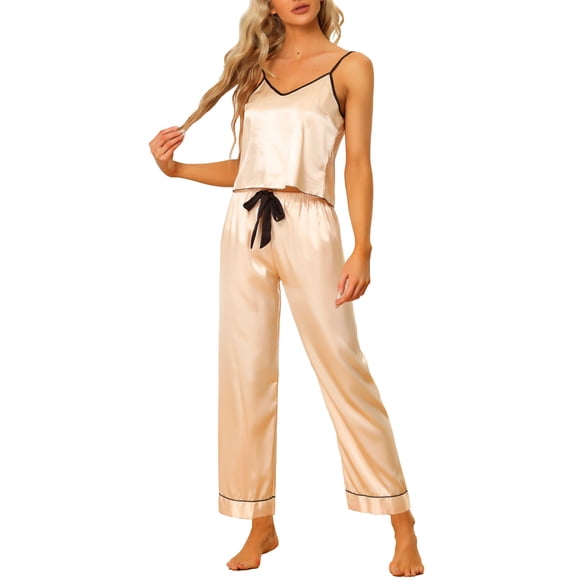 INSPIRE CHIC Conjuntos de pijama de satén para mujer de regreso a clases, top de cami, pantalones palazzo con antifaz para dormir, 3 piezas de ropa de dormir sedosa, L Champán
