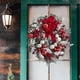 thumbnail image 3 of Corona navideña artificial de ratán con nieve flocada, árbol invertido, lazo rojo, cinta, bolas brillantes, decoración navideña para puerta, guirnalda colgante para fiesta, 3 of 5