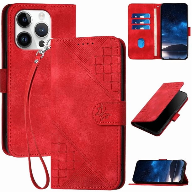 Funda Flip Premium Fibra de Carbono para iPhone 16 Pro con Soporte y Cierre Rojo